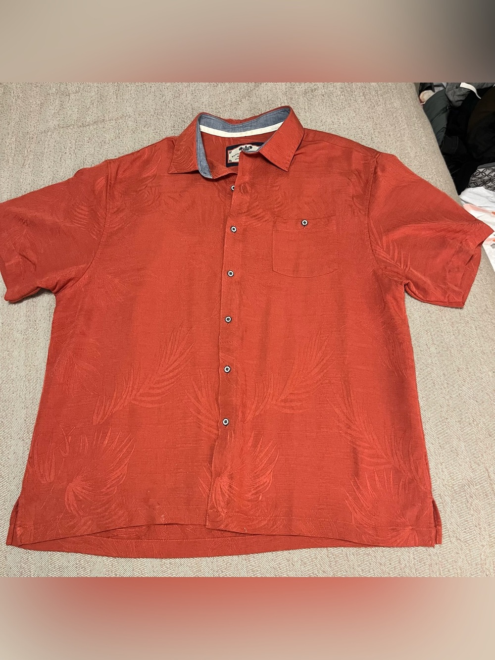 Bahama Bay Club Button Up Shirt, Burnt Orange, Textured Tropical Pattern